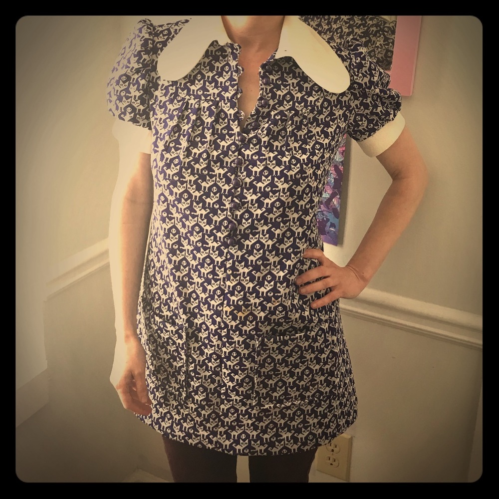 Adorable *Vintage* Cat Print Collared shirt dress